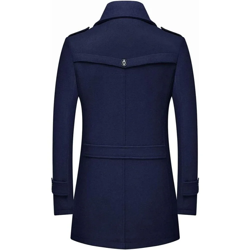 Men's Navy Wool Blend Coat Warm Winter Trench Coat With Detachable Soft Scarf
